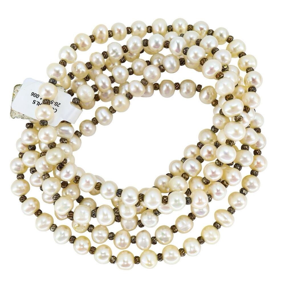 Vintage Long Strand Cultured Pearls 42” Endless Necklace 6mm Brass Spacers NWT